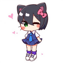 An illustration of a cute character resembling Hello Kitty, wearing a blue skirt and a white shirt, with a blue tie