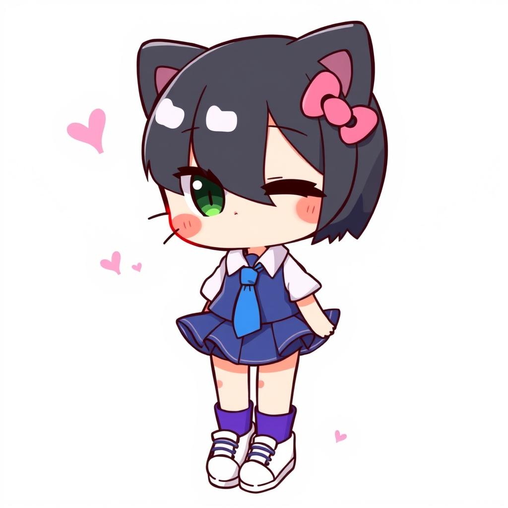 An illustration of a cute character resembling Hello Kitty, wearing a blue skirt and a white shirt, with a blue tie