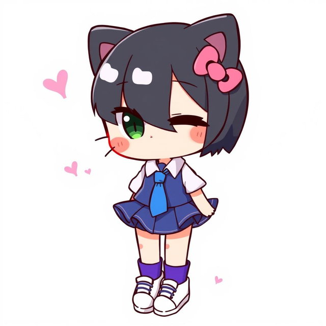 An illustration of a cute character resembling Hello Kitty, wearing a blue skirt and a white shirt, with a blue tie