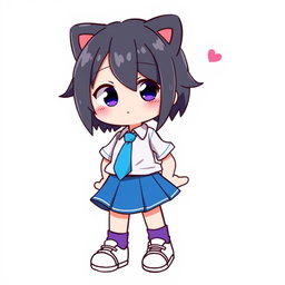 An illustration of a cute character resembling Hello Kitty, wearing a blue skirt and a white shirt, with a blue tie