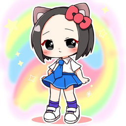 An illustration of a cute character resembling Hello Kitty, wearing a blue skirt and a white shirt with a blue tie