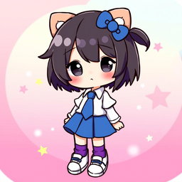 An illustration of a cute character resembling Hello Kitty, wearing a blue skirt and a white shirt with a blue tie