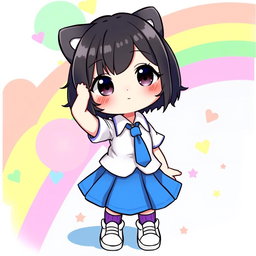 An illustration of a cute character resembling Hello Kitty, wearing a blue skirt and a white shirt with a blue tie