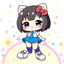 An illustration of a cute character resembling Hello Kitty, wearing a blue skirt and a white shirt with a blue tie