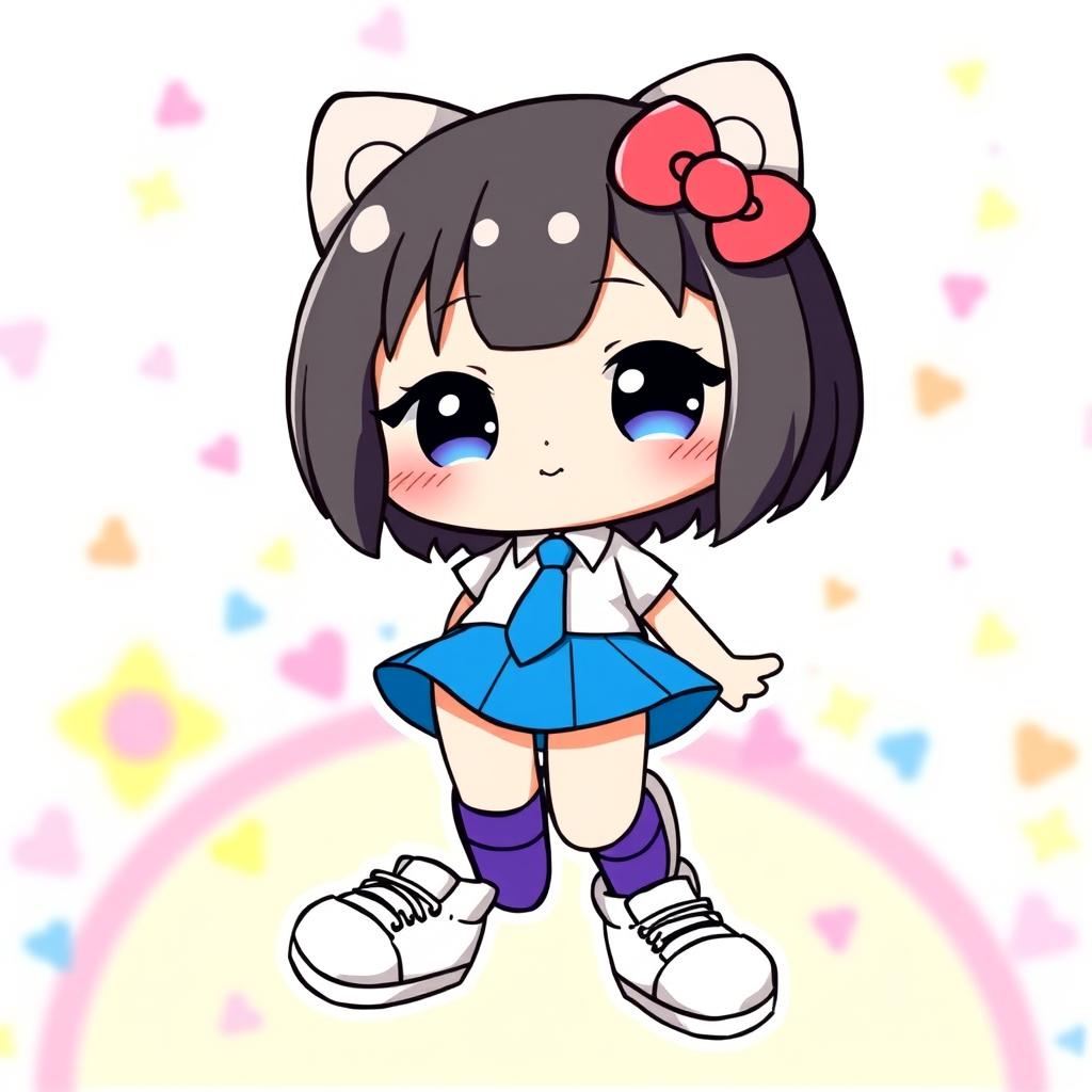 An illustration of a cute character resembling Hello Kitty, wearing a blue skirt and a white shirt with a blue tie