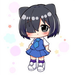An illustration of a cute character resembling Hello Kitty, dressed in a blue skirt and a white shirt complemented by a blue tie