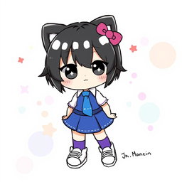 An illustration of a cute character resembling Hello Kitty, dressed in a blue skirt and a white shirt complemented by a blue tie