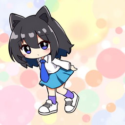 An illustration of a cute character resembling Hello Kitty, dressed in a blue skirt and a white shirt complemented by a blue tie