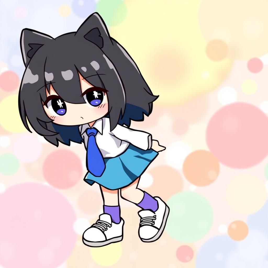 An illustration of a cute character resembling Hello Kitty, dressed in a blue skirt and a white shirt complemented by a blue tie