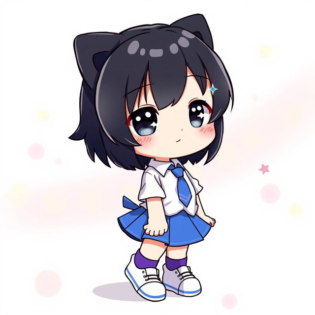 An illustration of a cute character resembling Hello Kitty, dressed in a blue skirt and a white shirt complemented by a blue tie