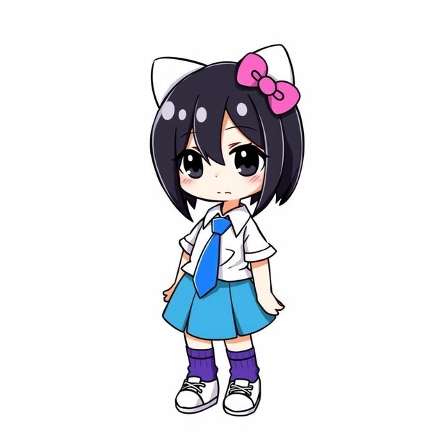 A character inspired by Hello Kitty, wearing a blue skirt and a white shirt, complemented with a blue tie