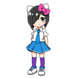 A character inspired by Hello Kitty, wearing a blue skirt and a white shirt, complemented with a blue tie