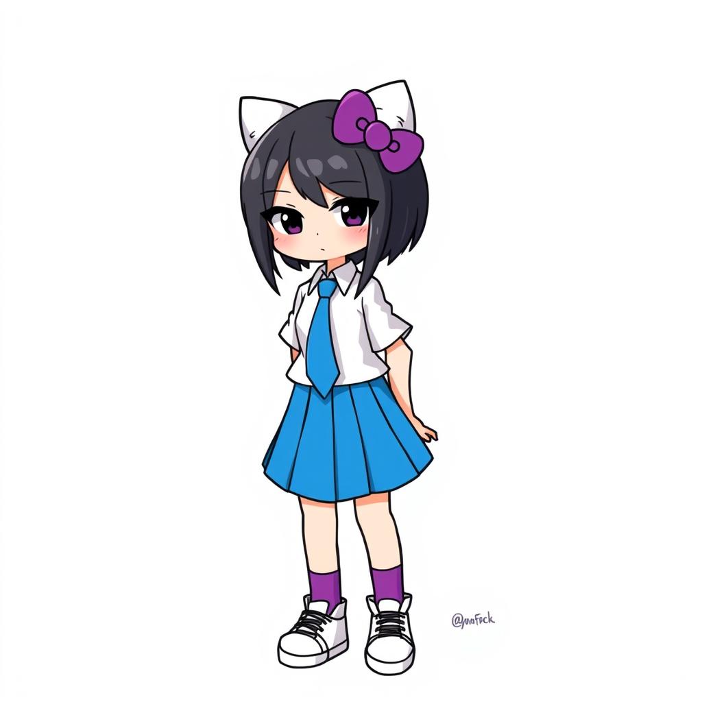 A character inspired by Hello Kitty, wearing a blue skirt and a white shirt, complemented with a blue tie
