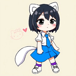 A character inspired by Hello Kitty, wearing a blue skirt and a white shirt, complemented with a blue tie