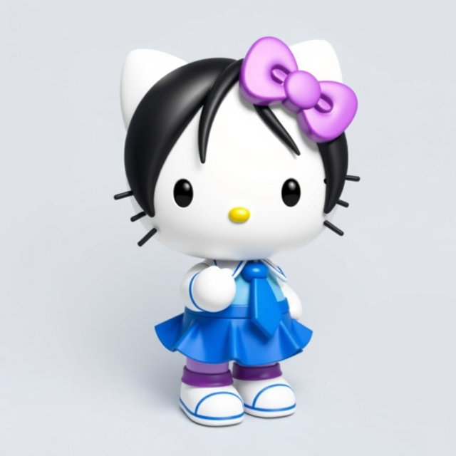 Hello Kitty character wearing a blue skirt, white shirt, and blue tie