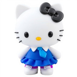 Hello Kitty character with black eyes, wearing a blue skirt, white shirt, and blue tie