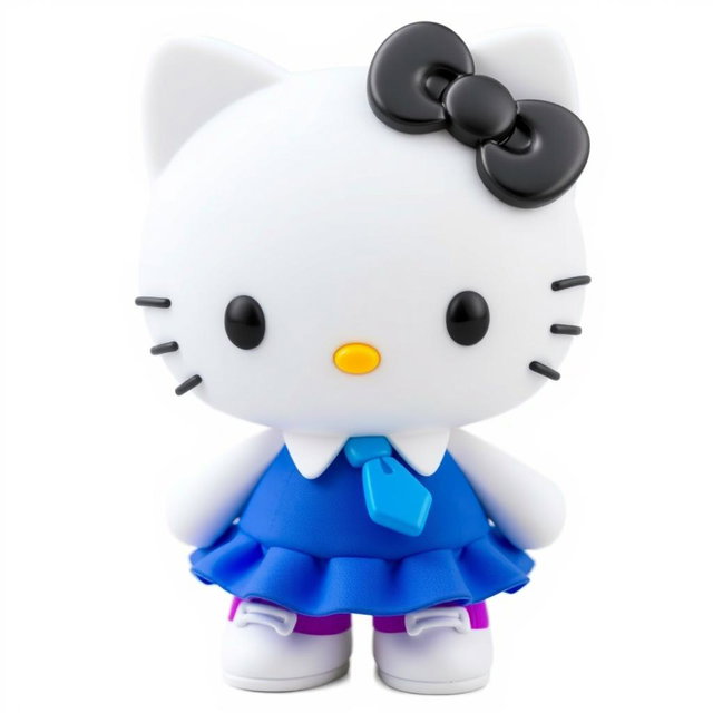 Hello Kitty character with black eyes, wearing a blue skirt, white shirt, and blue tie