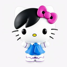 Hello Kitty character with black eyes, wearing a blue skirt, white shirt, and blue tie