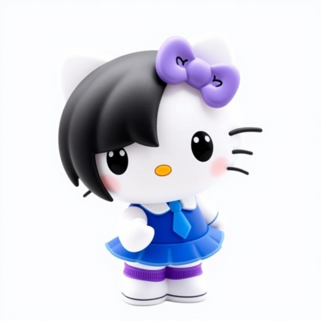 Hello Kitty character with black eyes, wearing a blue skirt, white shirt, and blue tie