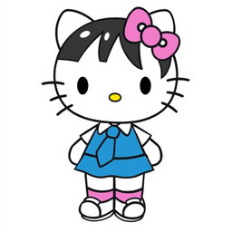 Hello Kitty character with black eyes, wearing a blue skirt, white shirt, and blue tie