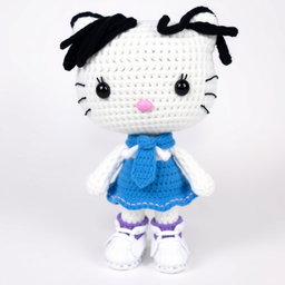 Hello Kitty character with black eyes, wearing a blue skirt, white shirt, and blue tie