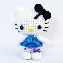Hello Kitty character with black eyes, wearing a blue skirt, white shirt, and blue tie