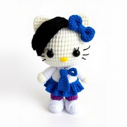 Hello Kitty character with black eyes, wearing a blue skirt, white shirt, and blue tie