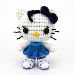 Hello Kitty character with black eyes, wearing a blue skirt, white shirt, and blue tie