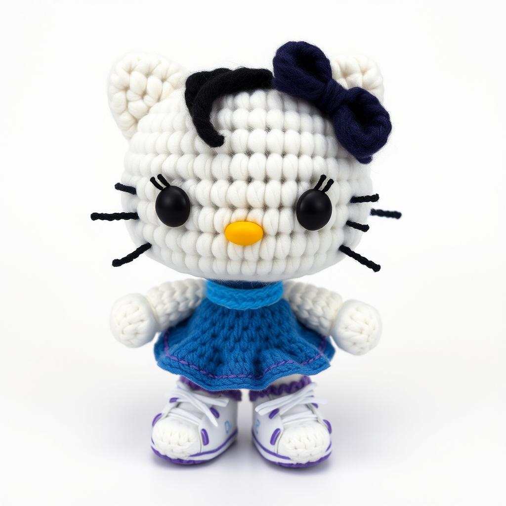 Hello Kitty character with black eyes, wearing a blue skirt, white shirt, and blue tie