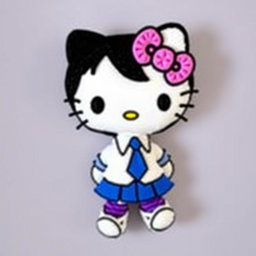 Hello Kitty character with black eyes, wearing a blue skirt, white shirt, and blue tie