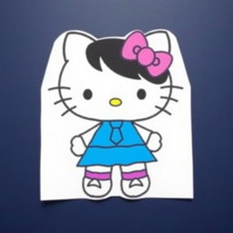Hello Kitty character with black eyes, wearing a blue skirt, white shirt, and blue tie