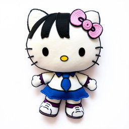 Hello Kitty character with black eyes, wearing a blue skirt, white shirt, and blue tie