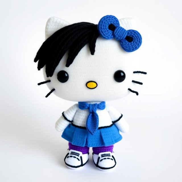 Hello Kitty character with black eyes, wearing a blue skirt, white shirt, and blue tie