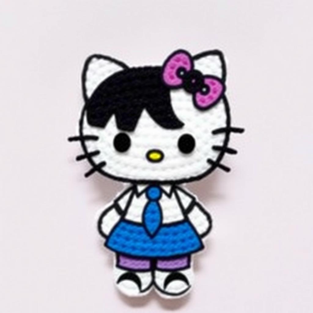 Hello Kitty character with black eyes, wearing a blue skirt and a white shirt with a blue tie