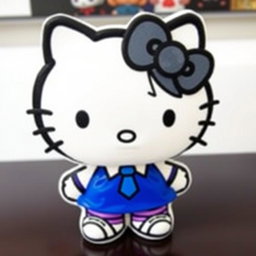 Hello Kitty character with black eyes, wearing a blue skirt and a white shirt with a blue tie