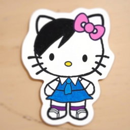 Hello Kitty character with black eyes, wearing a blue skirt and a white shirt with a blue tie