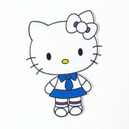 Hello Kitty character with black eyes, wearing a blue skirt and a white shirt with a blue tie