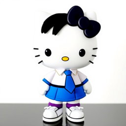 Hello Kitty character with black eyes, wearing a blue skirt, white shirt, and blue tie