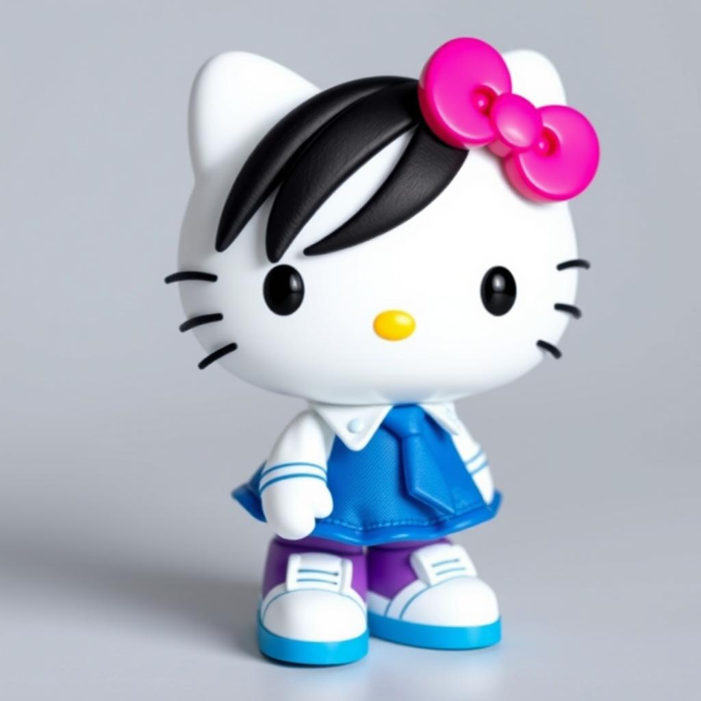 Hello Kitty character with black eyes, wearing a blue skirt, white shirt, and blue tie