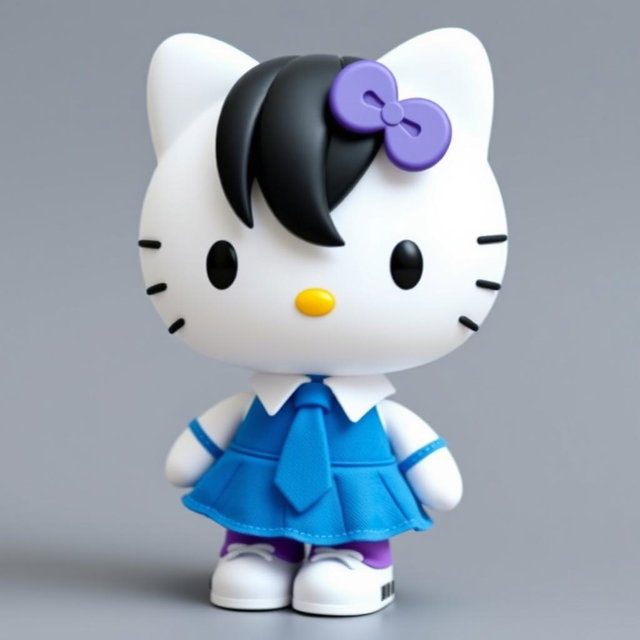 Hello Kitty character with black eyes, wearing a blue skirt, white shirt, and blue tie