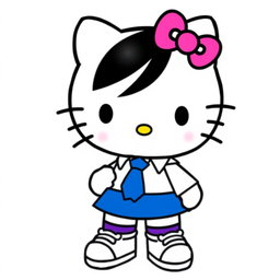 Hello Kitty character with black eyes, wearing a blue skirt, white shirt, and blue tie