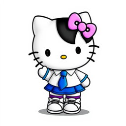 Hello Kitty character with black eyes, wearing a blue skirt, white shirt, and blue tie