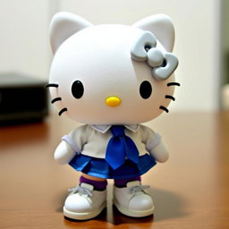 Hello Kitty character with black eyes, wearing a blue skirt, white shirt, and blue tie