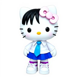 Hello Kitty character with black eyes, wearing a blue skirt, white shirt, and blue tie
