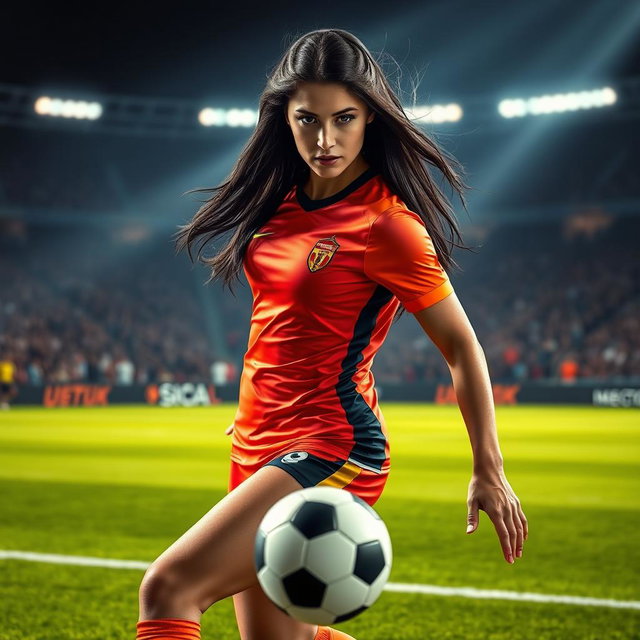 A stunning portrait of a female soccer player inspired by Alisha Lehmann, capturing her athleticism and grace on the field