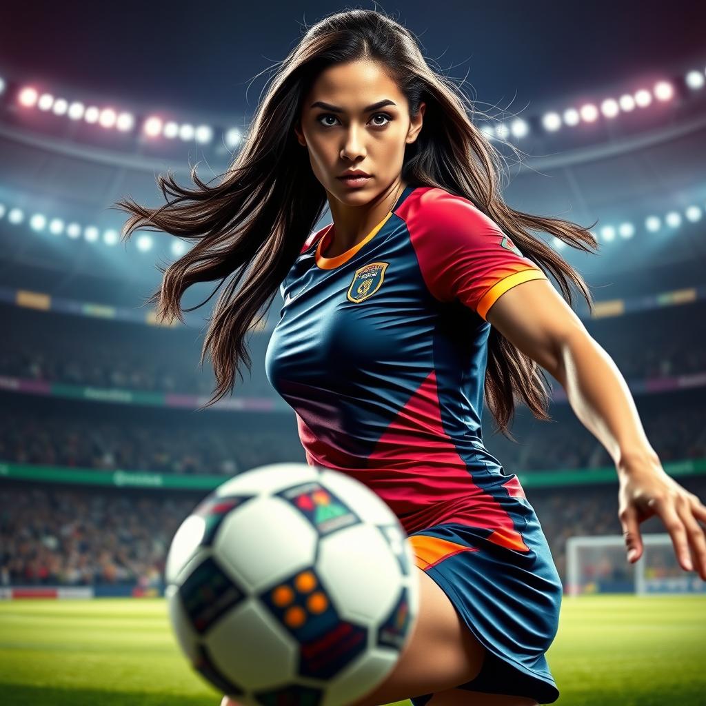 A stunning portrait of a female soccer player inspired by Alisha Lehmann, capturing her athleticism and grace on the field
