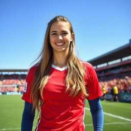 A stunning portrait of Alisha Lehmann, the Swiss professional footballer, with her long flowing hair and captivating smile