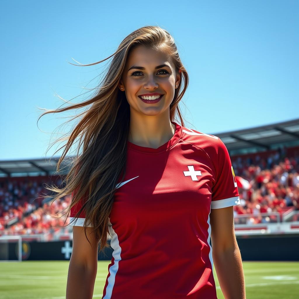 A stunning portrait of Alisha Lehmann, the Swiss professional footballer, with her long flowing hair and captivating smile