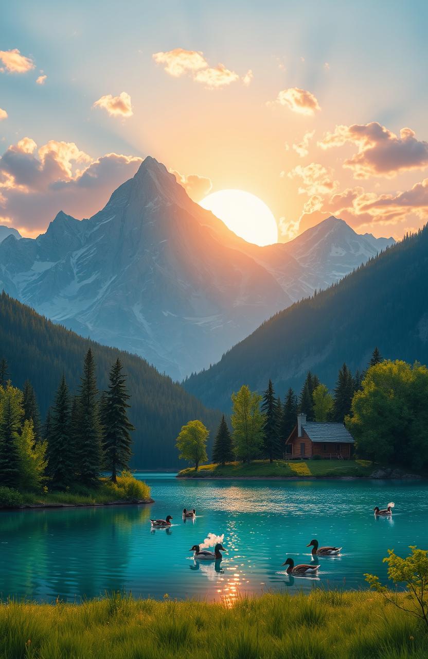 A serene landscape scene depicting a majestic mountain range with a shimmering turquoise lake in the foreground