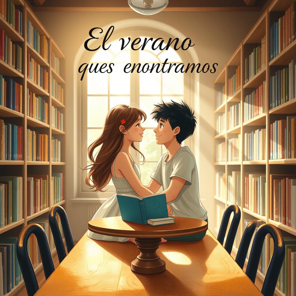 A romantic book cover depicting a scene of a girl and a boy in a cozy, sunlit library during summer